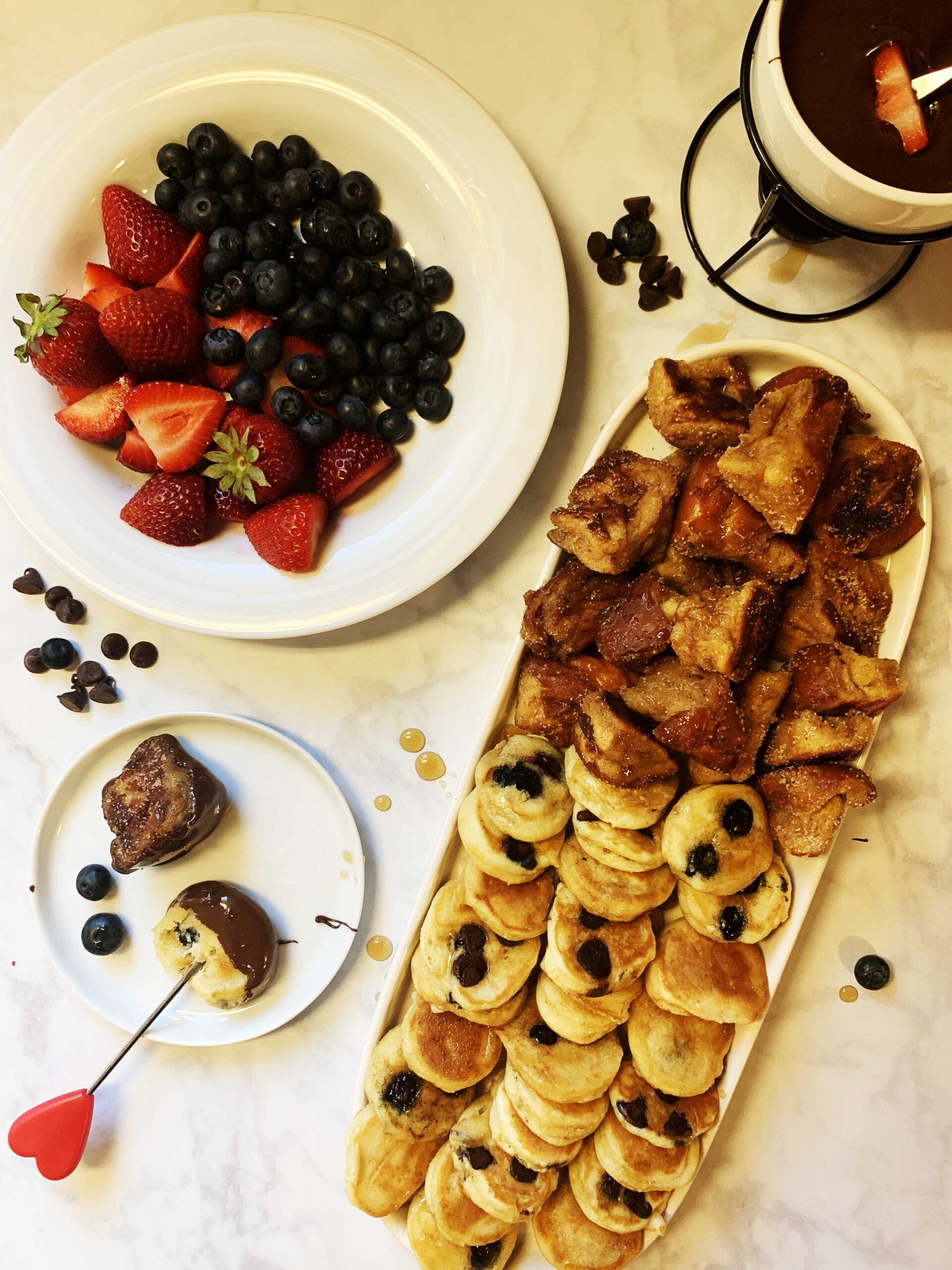 Brunch Fondue with French Toast Bites, Mini Pancakes, and Fruit